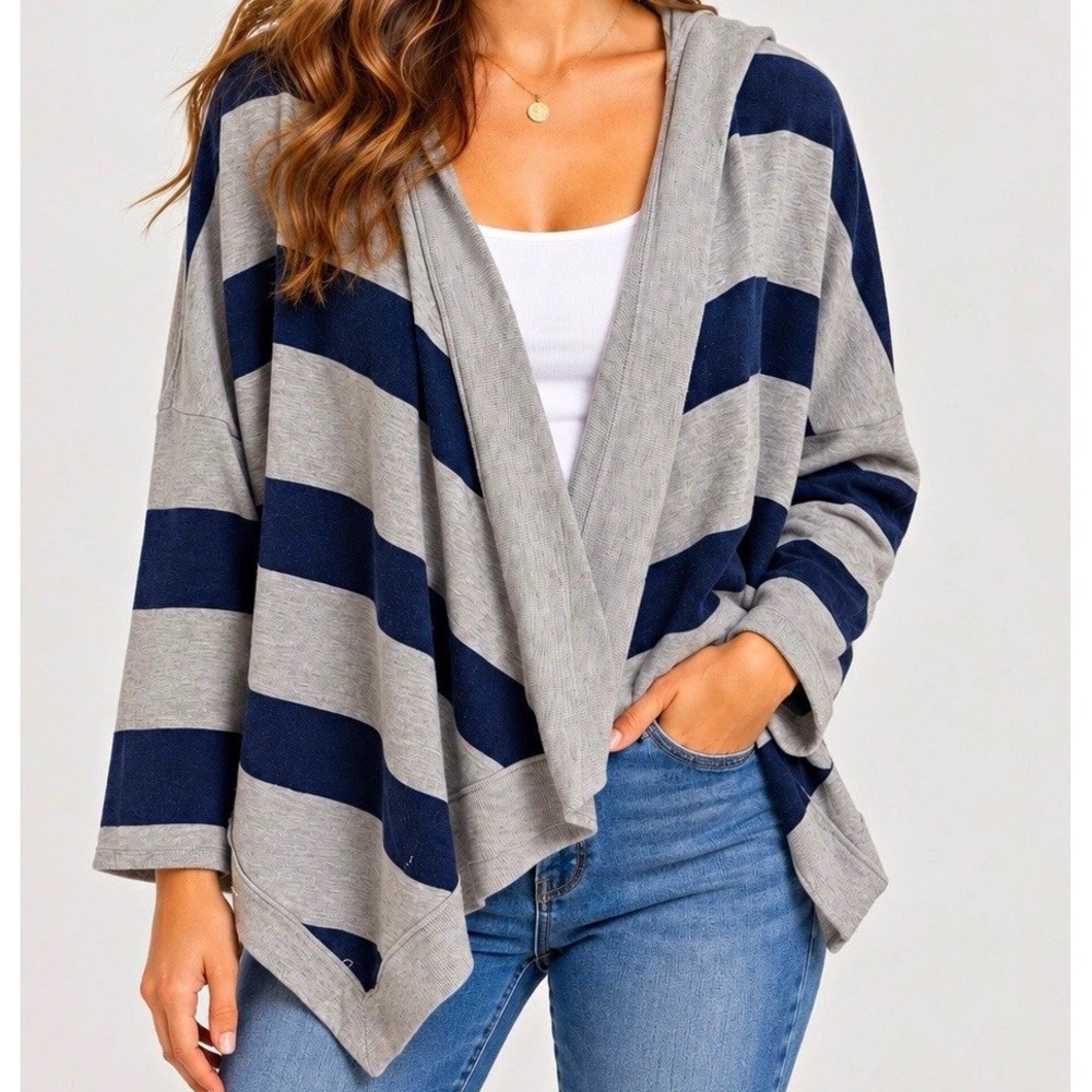 AIKO Hooded Draped Wrap Cardigan XS Gray Navy Stripe Oversized Kimono